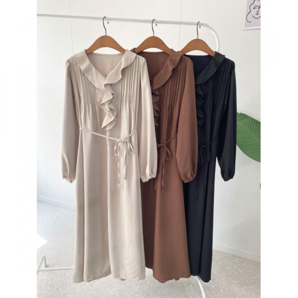 Honey J Women S Belt Set Autumn Berry Pin Tuck V Neck Frill Long dreSS 3 colorS