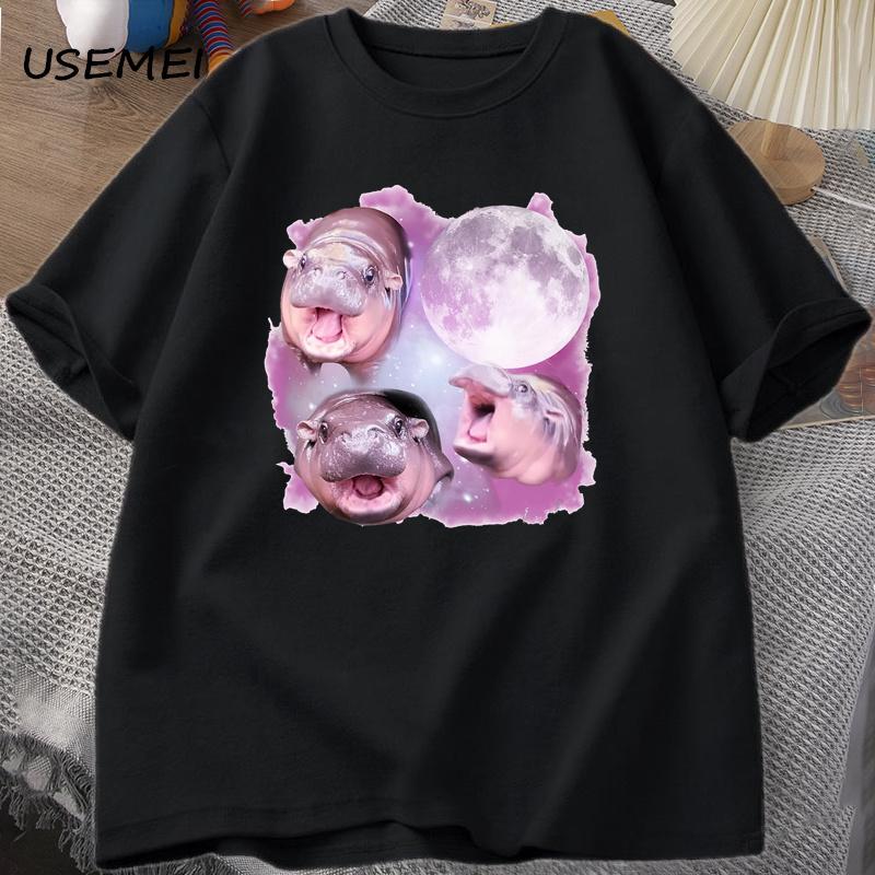 Three Moo Deng Moon Tshirt Unisex Women Fuuny Cartoon Cute Moodeng Tshirt Cotton Short Sleeve O Neck Unisexs Clothing