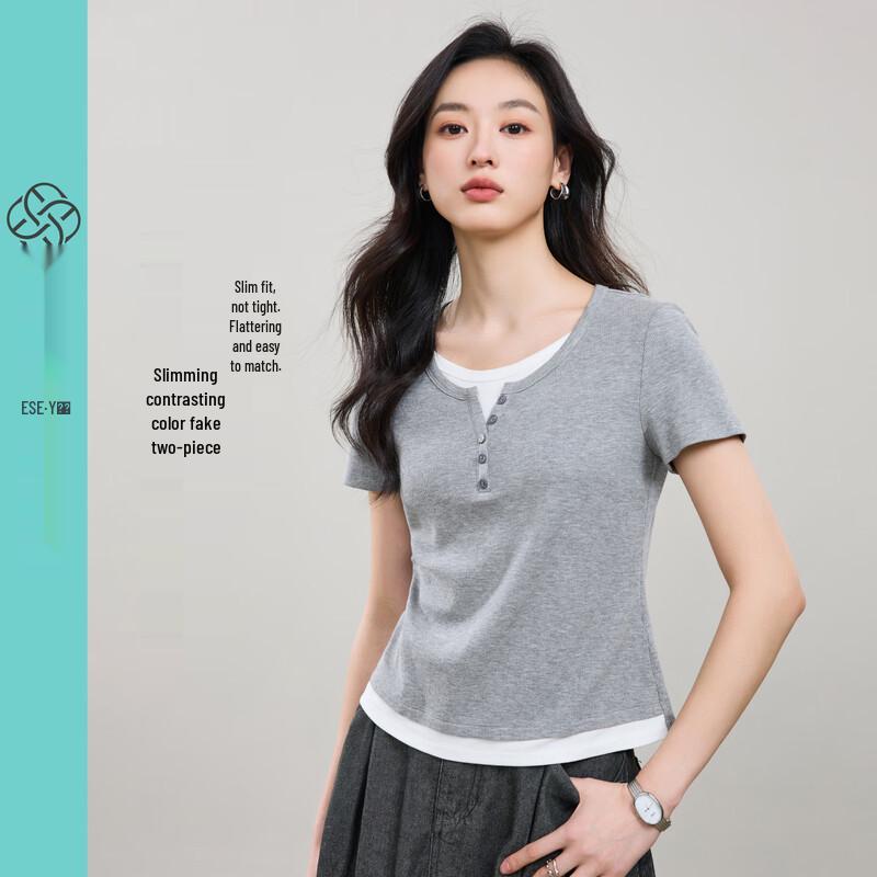 ESE-Y Women s Faux Two-Piece Slim Fit Short Sleeve T-Shirt L