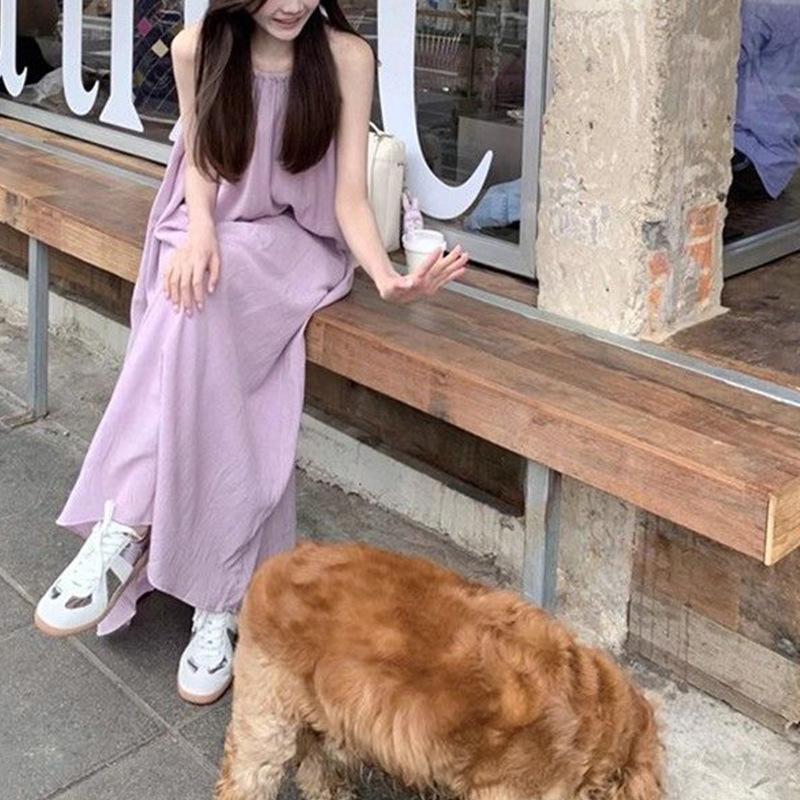 Zartes lila Neckholder-Hosenträgerkleid für Damen im Sommerurlaubsstil, lockerer, schmaler A-Linien-Langrock