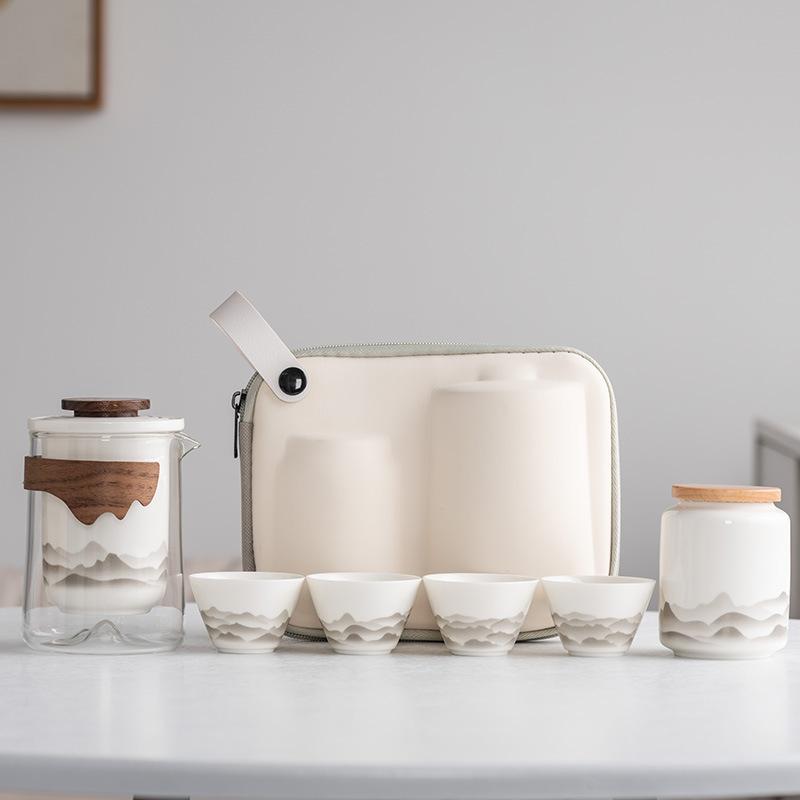 Suet Jade White Porcelain Guochao Ink and Wash Travel Tea Set, a Pot of Four or Six Cups, New Chinese Express Cup Light Luxury Business Gifts