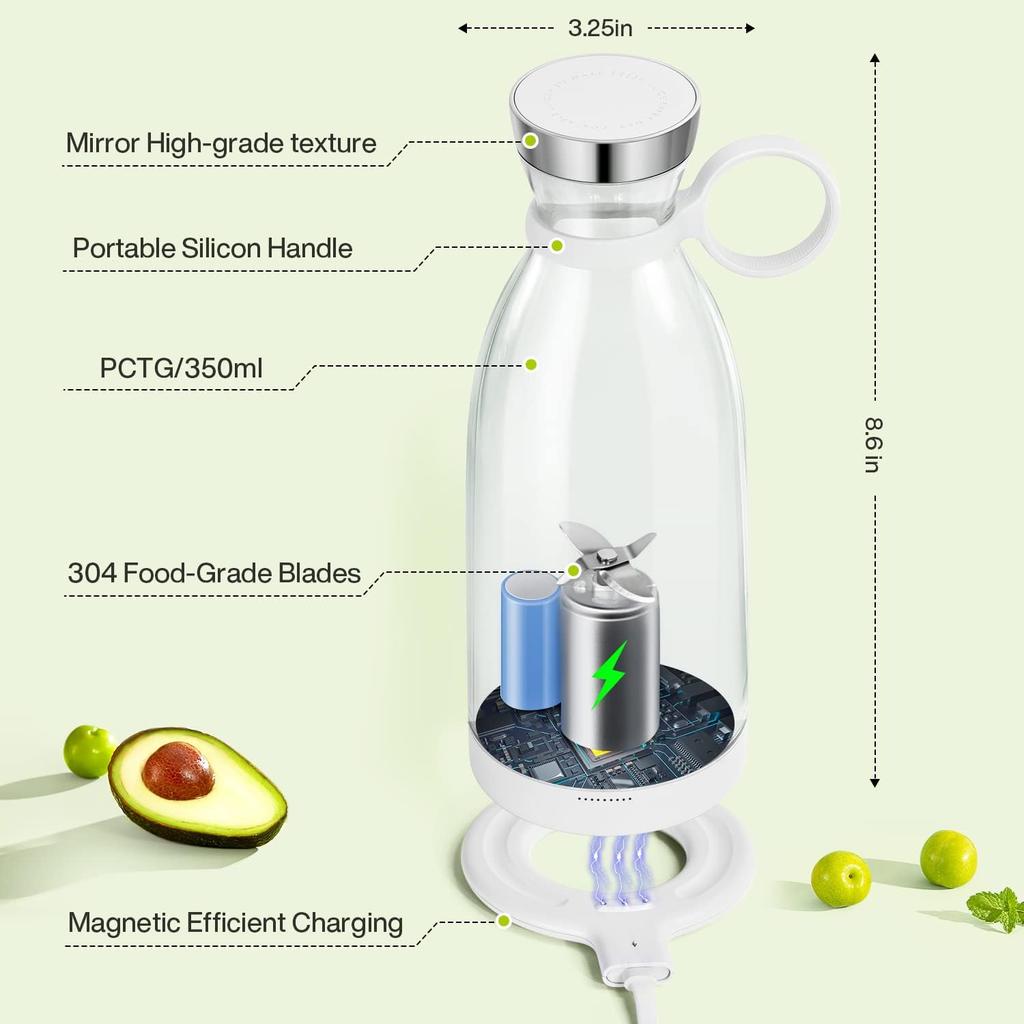 Portable Blender 11.8 Oz 350ml White 214B Model Food-grade PC + ABS Magnetic USB Charging 1400mAh 7.4V 490g 82*82*218mm with 1