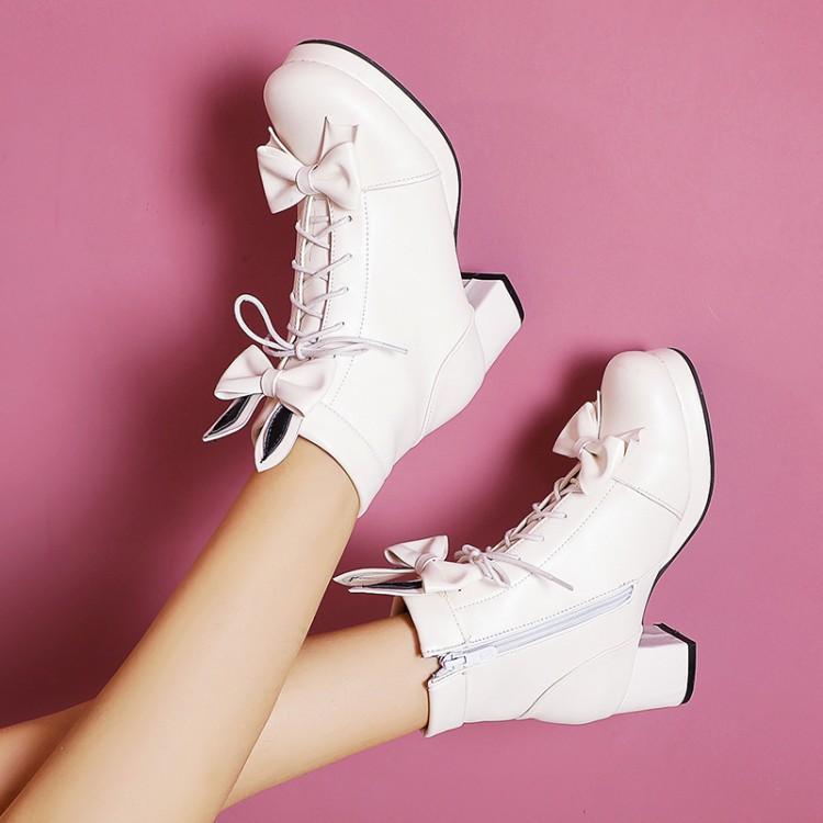 

Осенние Каваи Ботинки Гуд Лолита Бант Боковая Молния Толстый Каблук Средний Каблук Ботинки Размер 34 белый