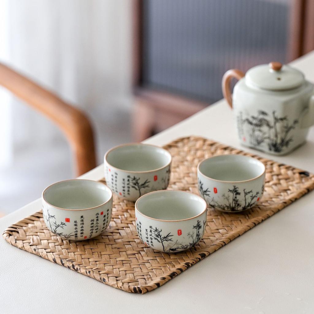Ru Kiln Ink Bamboo Teapot Home Office Tea Cup Opening Can Raise Chinese Retro Ceramics Gift Kung Fu Tea Set