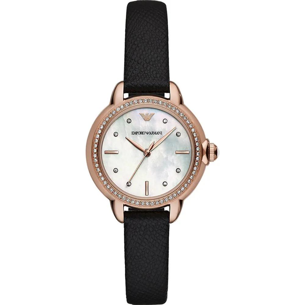 

Emporio Armani Mia Mother of pearl Black Leather Ladies Quartz AR11598 Watch мать жемчужного