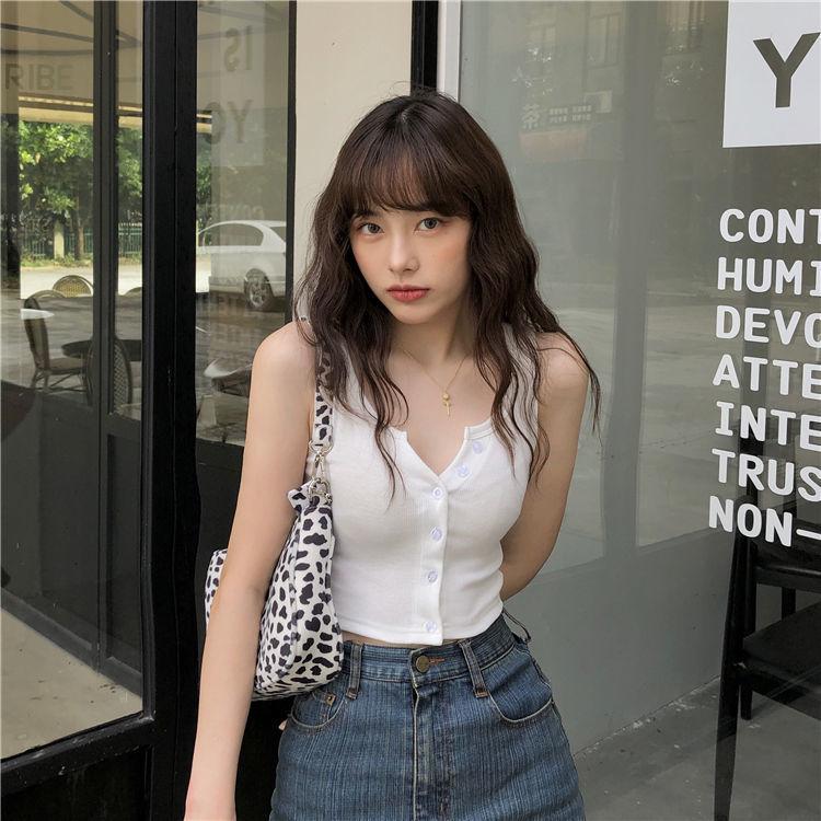 Solid Women's Vest Button Sexy Tops Sleeveless Black White Fashion Lady Tees
