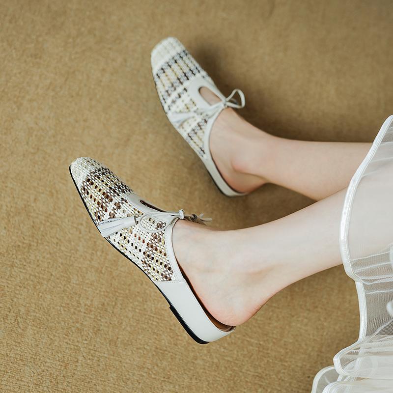 Fashion 2025 Outside NEW Summer Women Mules Women Slippers Concise Cover Toe Slingback Round Toe Low Heel Weave Modern Sandals