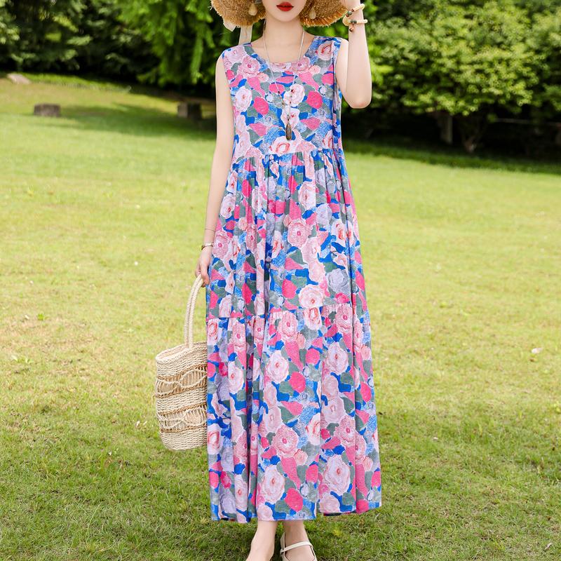 Elegant Sleeveless Dress for Women Plus Size Short Sleeve Vintage Print Long Dress Summer Casual Middle-aged Women's Clothing