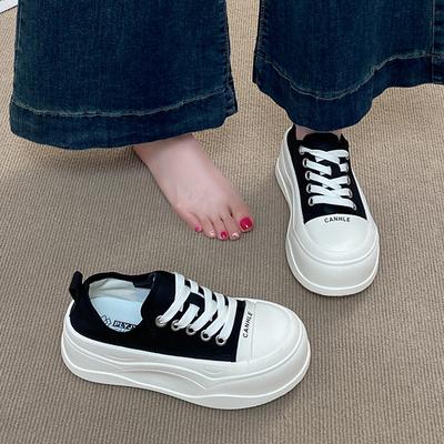 Platform Canvas Shoes New Summer Ugly Cute Height Small Size Low Top Board Shoes Black Sneakers