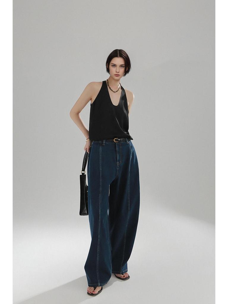 Women's Retro High-Waisted Wide-Leg Jeans - Blue Denim, Floor-Length, Slimming, Versatile, Spring/Autumn Trendy