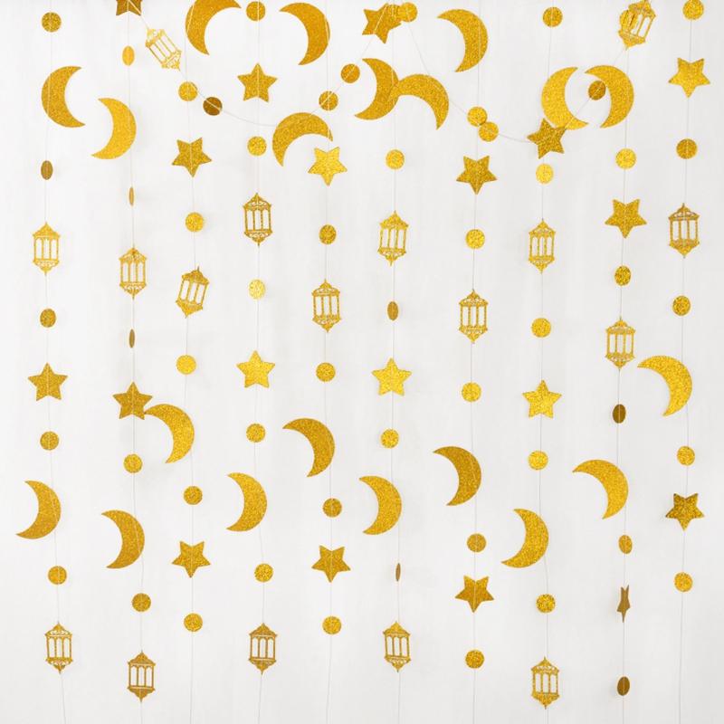 Star Moon Paper Banner Garland  Eid Mubarak Hanging Ornaments Islamic Muslim Party Home Decoration 2024 Ramadan Kareem Supplies
