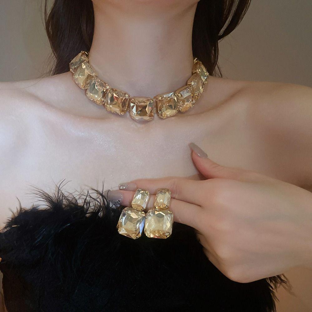 Koreanischer Stil Quadratisches Kristall Schmuckset Kopfkette Funkelndes Halsketten Set Geburtstagsgeschenk