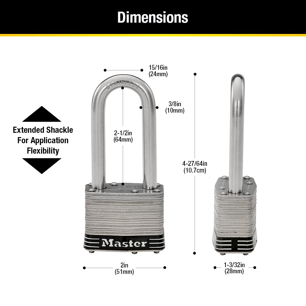 Master Lock 5SSKADLJ Stainless Steel 51mm 64mm Inner Padlock, Keyed, Outdoor, Weatherproof, Rustproof, Wide, Diameter, Anti-Theft