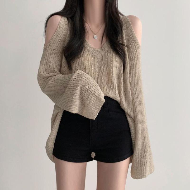 Chic Loose V-neck Off Shoulder Casual Knitted Pullovers Women Summer Thin Long Sleeve Knitwear Women Solid Elegant Fashion Sweater Woman Clothes 26587