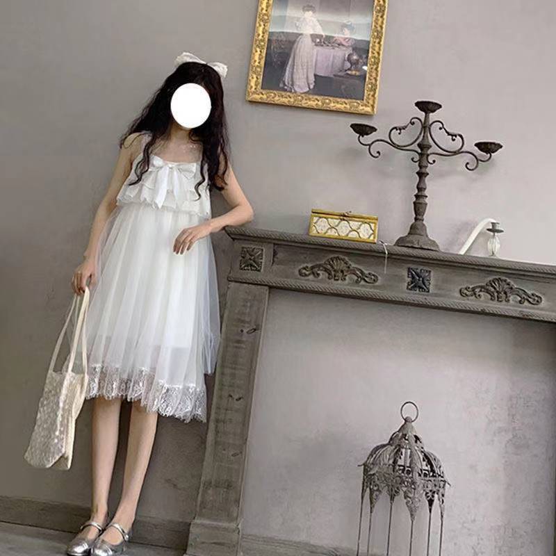 Japanese Sweet Lolita Princess Dress Women Elegant Cute Bow Lace Ruffles Tulle Slip Dress Mesh Kawaii Fairy Party Dresses