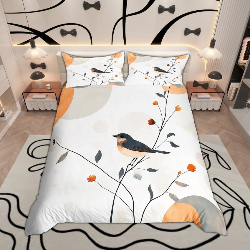 Homewish Modern Minimalist Duvet Cover Set, Chic Bird Bedding Set, Botanical Leaves Quilt Cover Set, Bedroom Decor