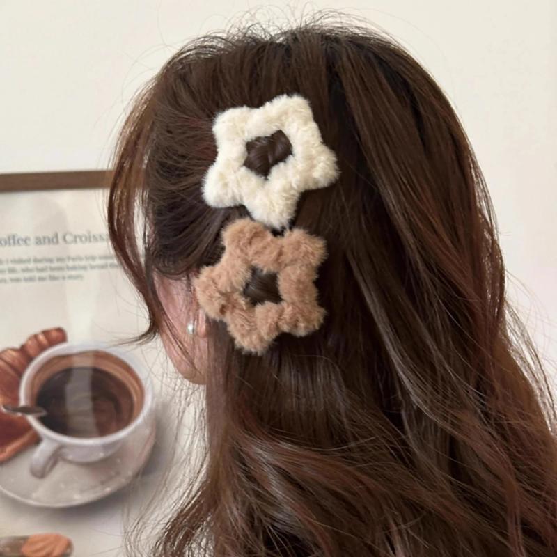 Autumn and Winter Plush Five-pointed Star Hairpins Side Bangs BB Clip Cute, Soft and Milky Sweet Girl Hollow Hairpin Tide