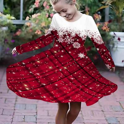 Robe Décontractée Fille Imprimé Flocons de Neige Rouges 3D Col Rond Manches Longues Robe de Princesse Enfant