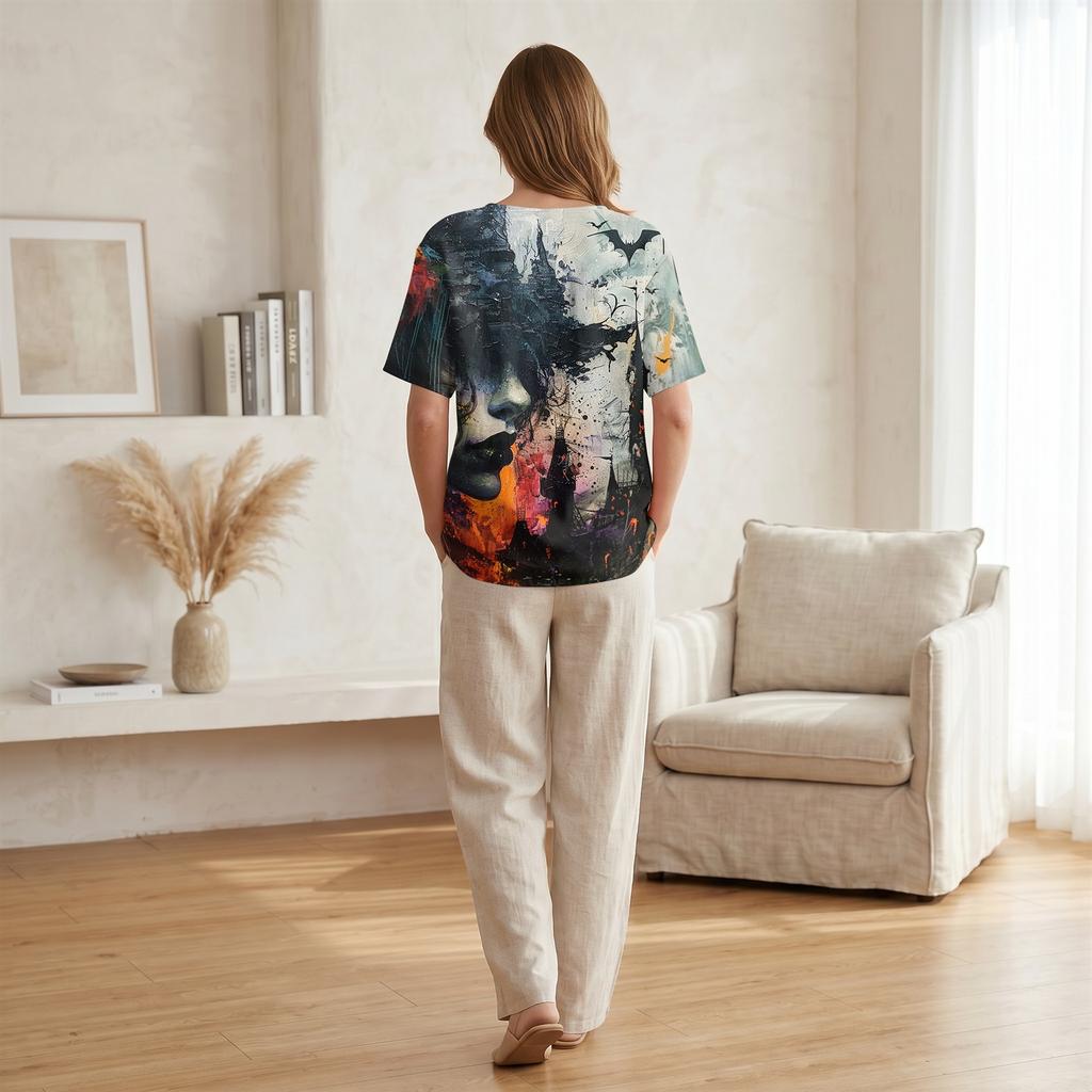 Women Casual Short Sleeve Henley Shirt Cotton Linen Blend Halloween Print Front Pocket Button Neck Blouse