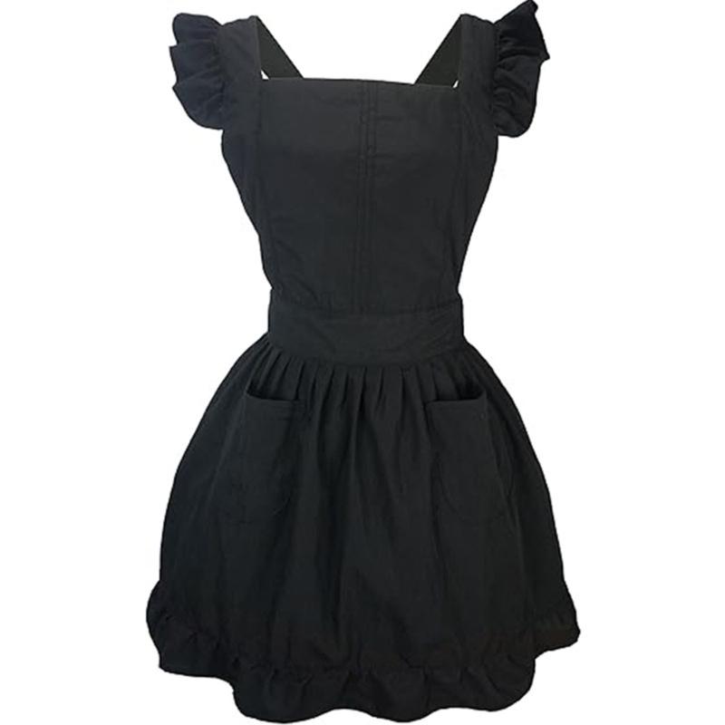 Ruffle Maid Apron Cotton Apron with Pocket Plain Work Apron Women Kitchen Apron for Cooking Baking Gardening Painting чёрный
