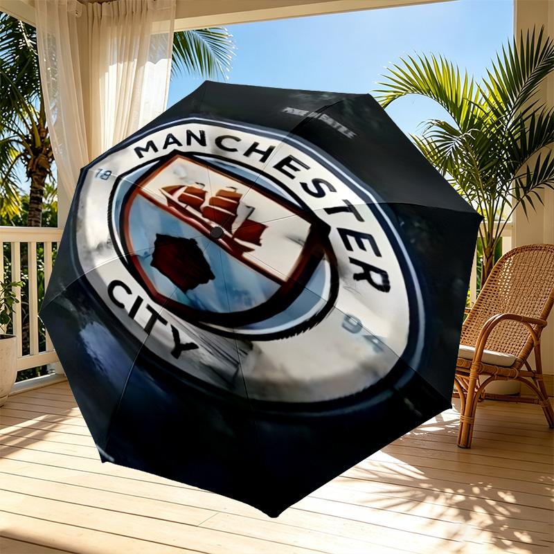 Manchester City FC Aufdruck Automatischer Öffnungs-Schließ-Regenschirm, Tragbarer Faltregenschirm, für den Außenbereich, Pendeln, Campingausflug, Ideales Geburtstagsgeschenk