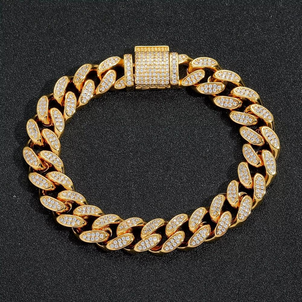 12mm Flip Buckle Double Row Full Diamond Trendy Brand Men's Personalized Hip Hop Cuban Bracelet Zircon