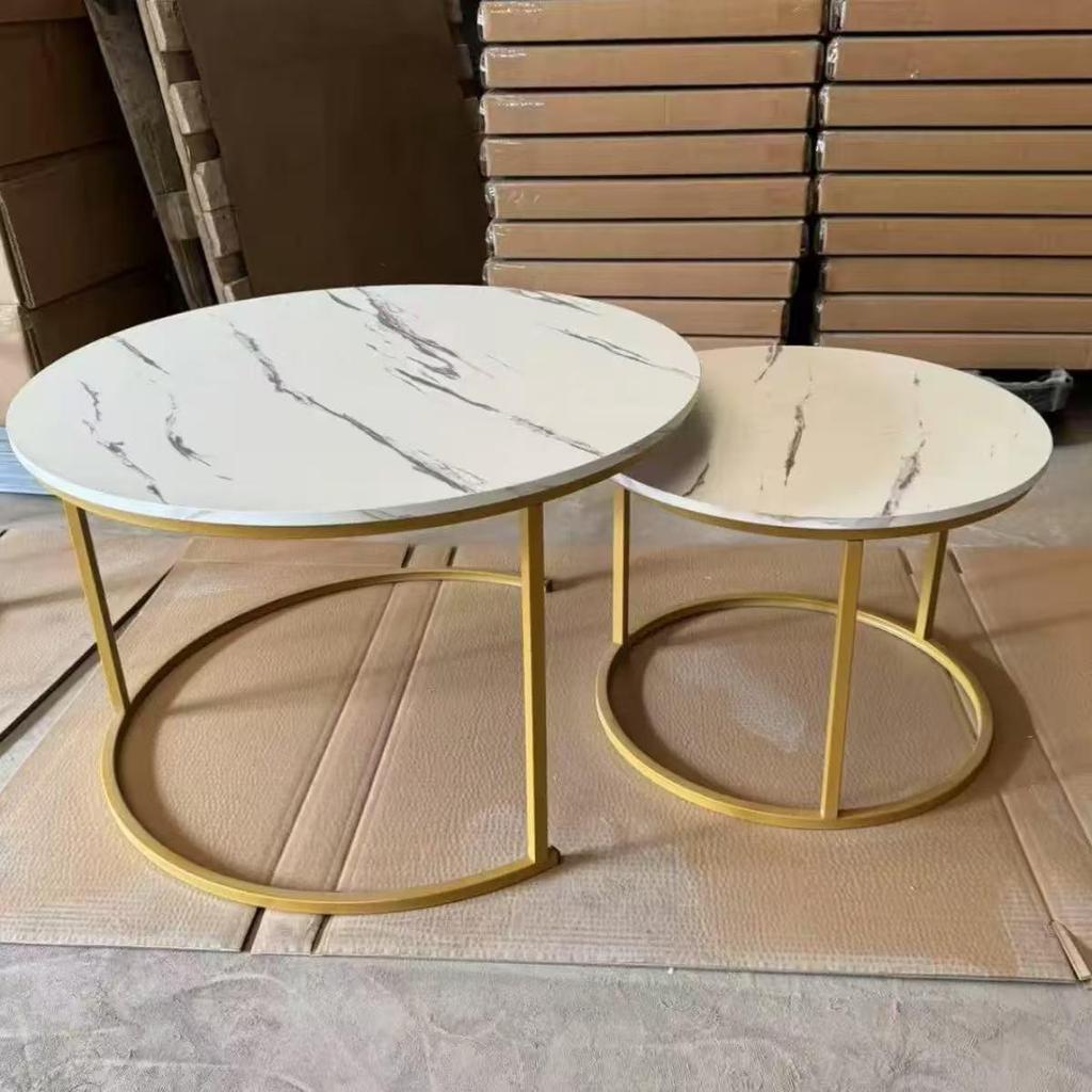 Modern Minimalist Round Coffee Table Set with Stone Pattern and Iron Art Storage