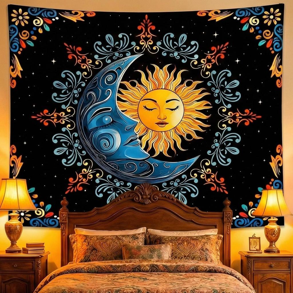 Boho Mandala Nature Tapestries Bedroom Decor,Sun and Moon Celestial Starry Night Poster,Mandala flowers tapestry wall hanging