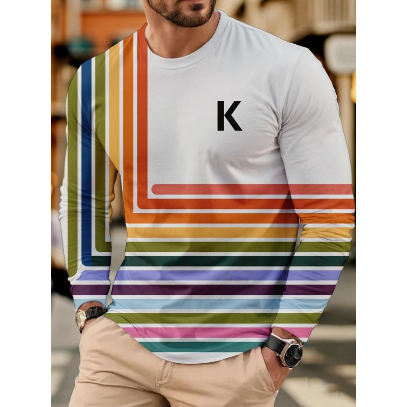 Modisches Farbblockmuster Frühlings-T-Shirt für Herren Bunte Streifen 3D-Druck T-Shirts Lässige lockere Tees Street Tops Lange Ärmel