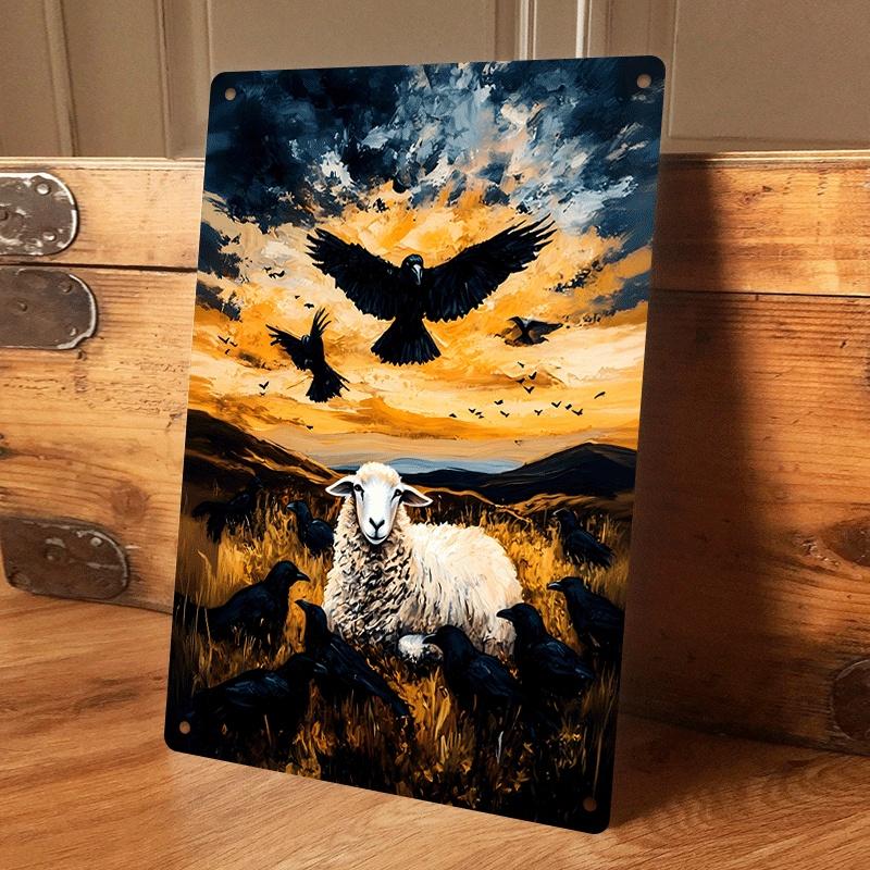 

1 piece of modern art tin painting of crows and sheep, retro decorative painting for living room and entryway, creative wall han (as the picture,20x30cm)