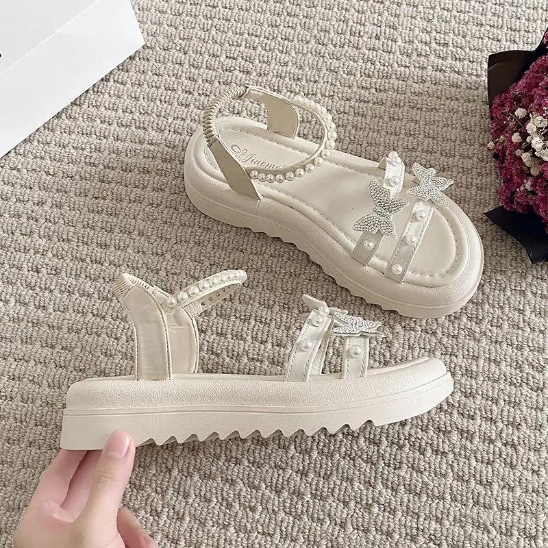 Fashion Sandals for Women Pearl Diamond Korea Sandal Luxury Summer Asian Size Woman Shoes Vintage Comfortable and Elegant 2025 Footwear