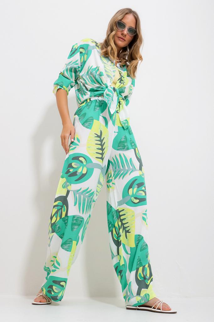 Women's Bottom-Top Set New Season Fashionable Green Patterned Shirt and Trousers Woven Bottom-Top Set