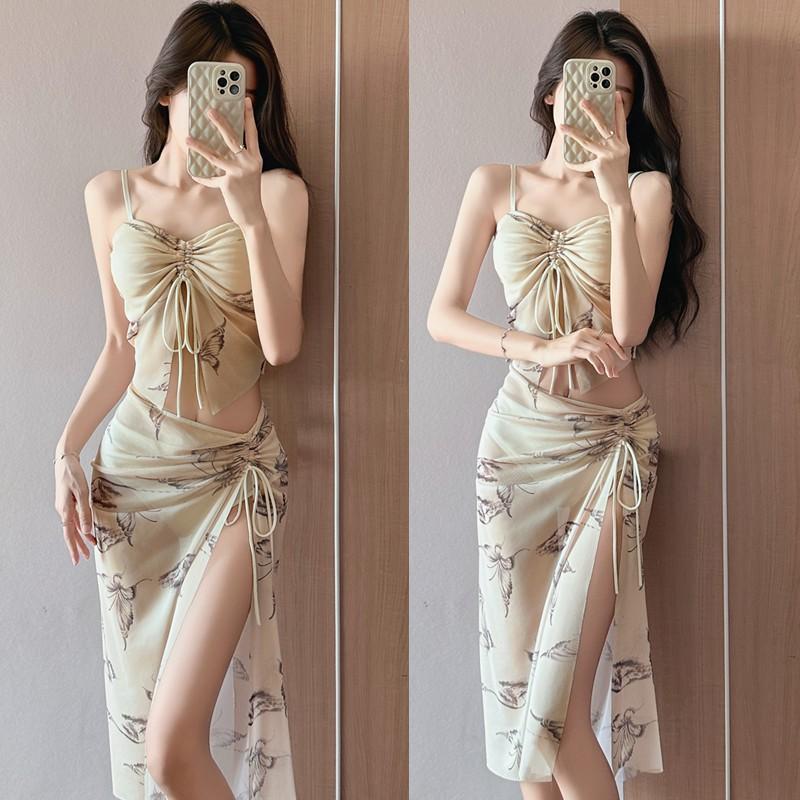 Thailand Ginger Yellow Niche Split Flower Bikini Island Vacation Slimming Hot Three-piece Swimsuit Women