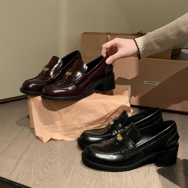 Whole Cowhide~ Retro Round Head Genuine Leather, Amiu Gold Coin Thick Sole Thick Heel Lazy Person One Pedal Loafers Women's Small Leather Shoes