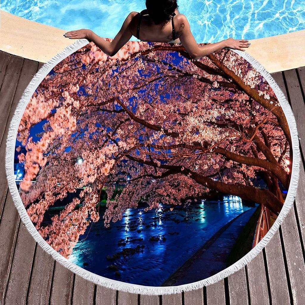 Cherry Blossom Round Beach Towel,Pink Romantic Cherry Blossom Sand Proof Beach Blanket Absorbent Quick Dry Pool Towel Picnic Mat