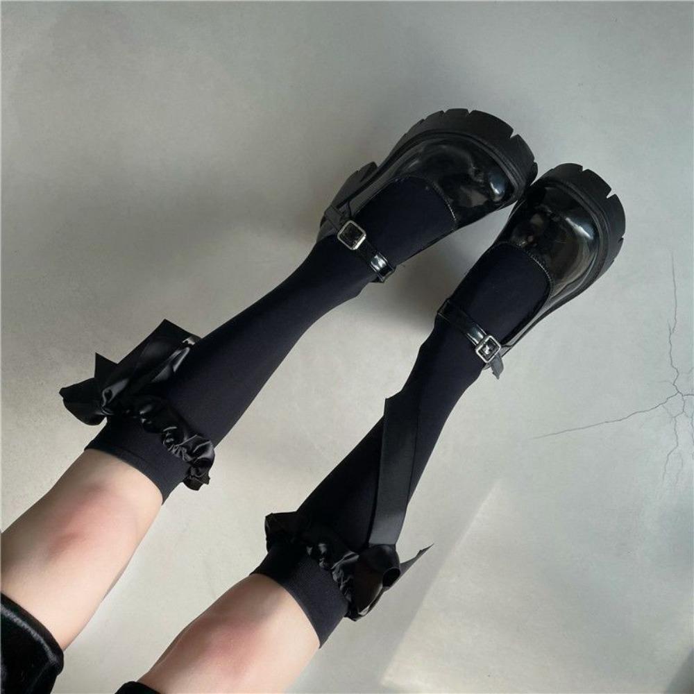 Black Streamer Half-length Stockings Women's Thin Summer Cute Medium Tube Calf Socks Lolita Bow Jk Long Socks