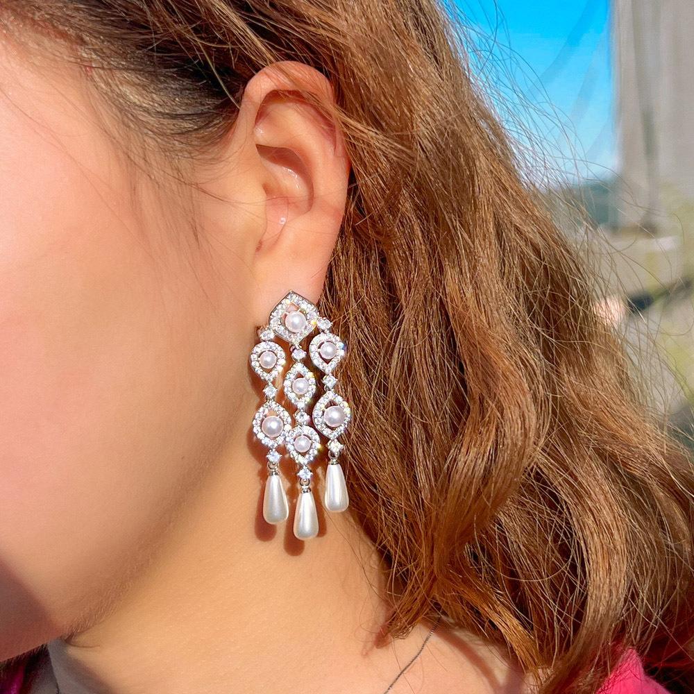 Needle Heavy Industry Pearl Fringed Earrings Retro Court Feng Shui Drop Long Thin Earrings Earrings