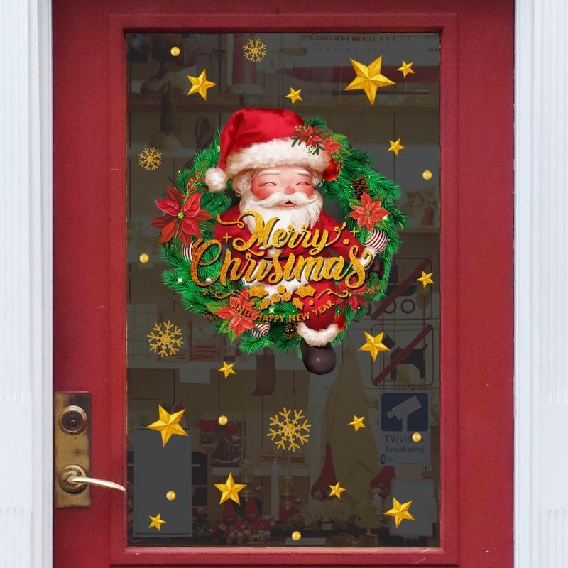English Merry Chirstmas Santa Claus Wreath Wall Sticker with Double-sided Visible Glass Wall Sticker