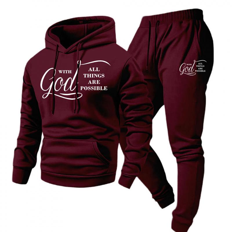 2026 New Style Cross Letter Print Hooded Sweatshirt & Long Pants Men's Y2K Set - European & American Hot Selling