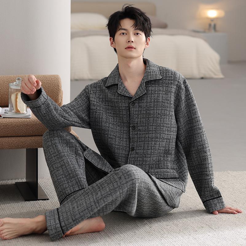 Air cotton sandwich pajamas men's autumn and winter thickened pure cotton long-sleeved men's winter thin padded large-size loungewear