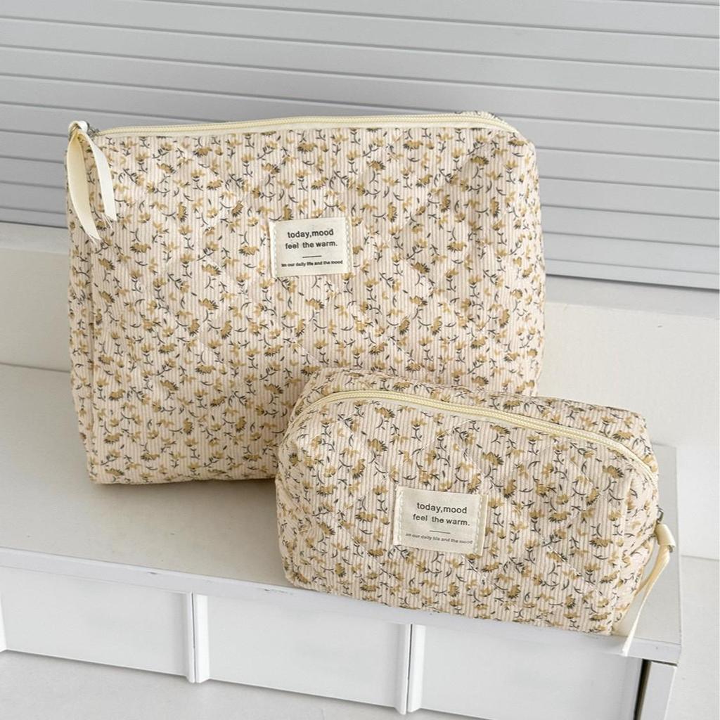 Yellow Floral Corduroy Makeup Bag - Korean Style, Portable, Large Capacity, Washable