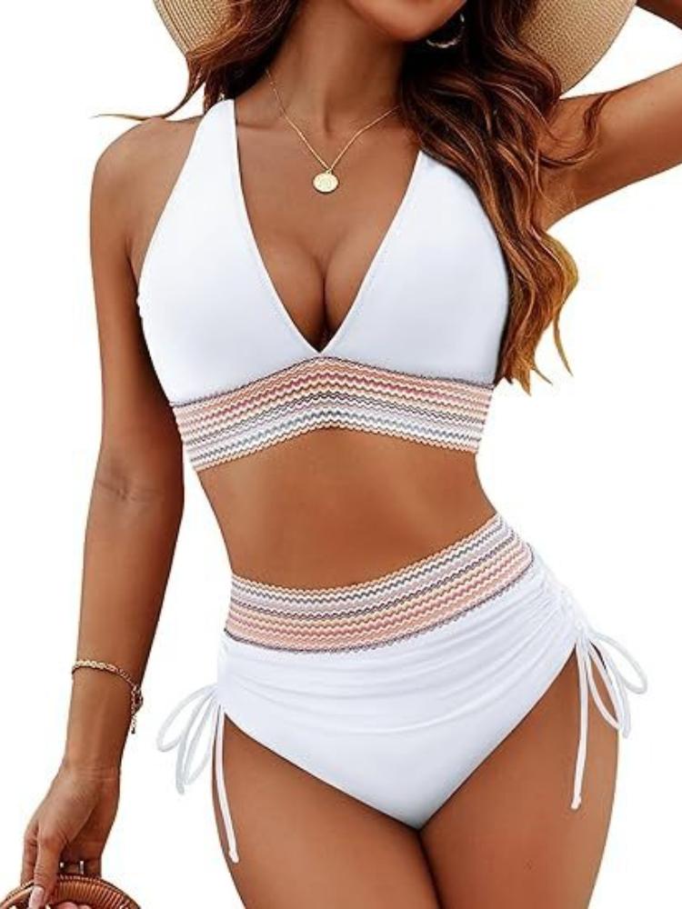 Large Size Women’s High-Waist Bikini Set, Sexy V-Neck Tankini Bathing Suit Two-Piece Drawstring Push-Up Swimwear