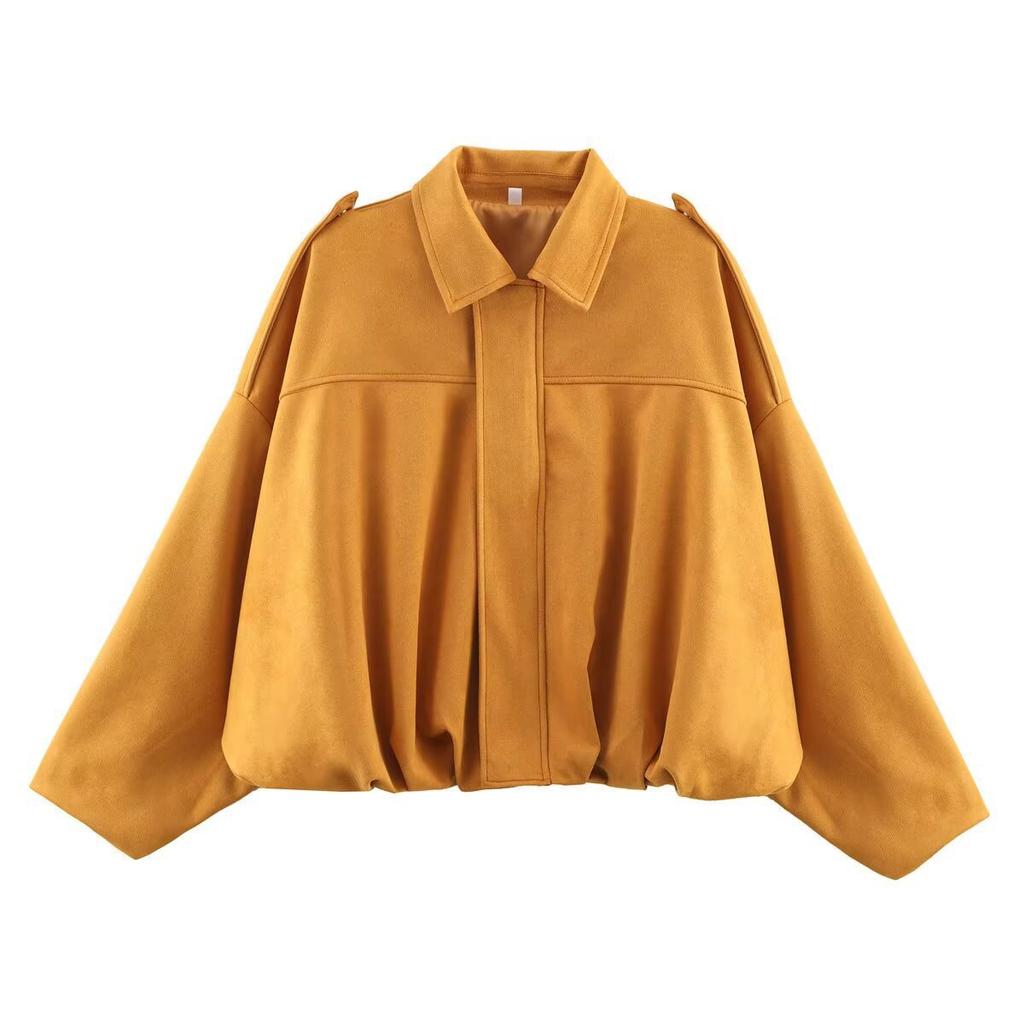 Women's 2025 Spring and Autumn Suede Textured Lapel Zipper Button Bomber Jacket