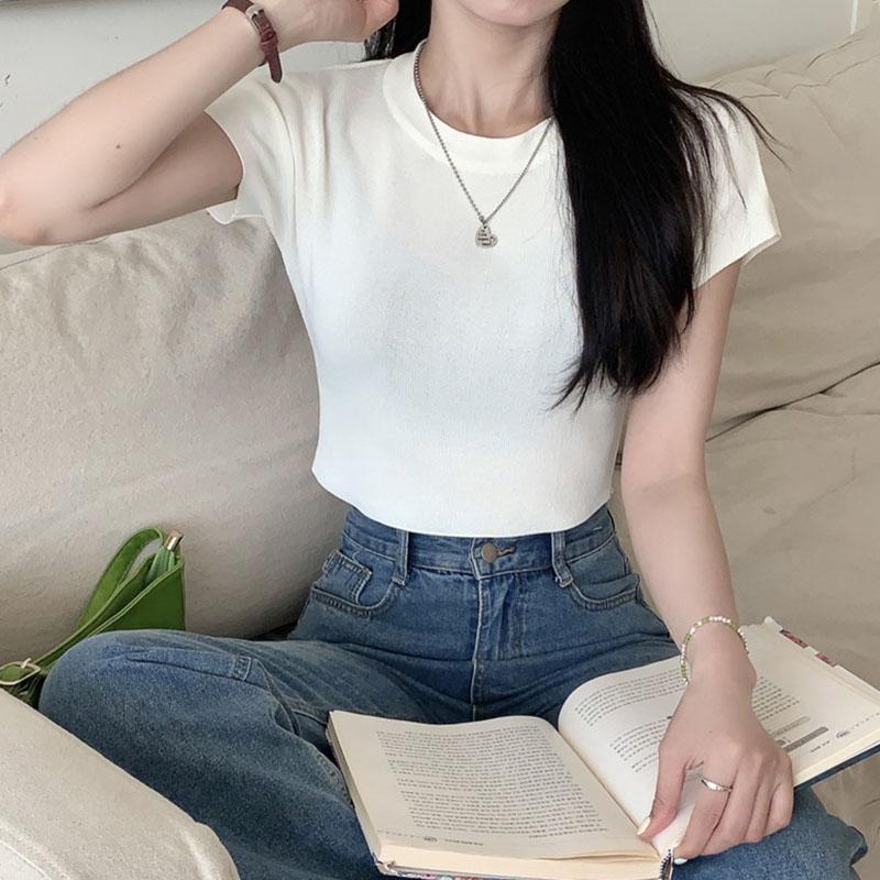 

Женская летняя повседневная футболка с коротким рукавом и круглым вырезом, однотонная футболка с голым животом, укороченный топ one size