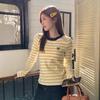 Contrasting Striped Bow Long-sleeved Knitted Sweater Women's Autumn New Slim-fit Bottoming Shirt with Top Inside