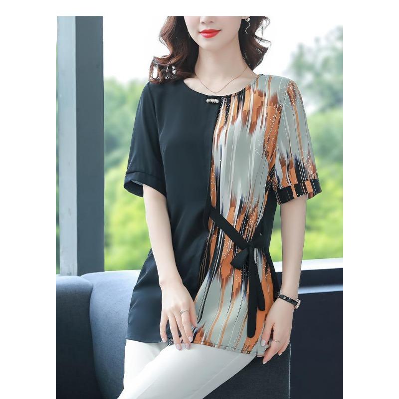 Western-style Loose Short-sleeved Chiffon Shirt Middle-aged and Elderly Summer Round-neck Fashionable Small Shirt