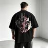 T-shirt con Stampa Posteriore Samurai con Pesce Koi Giapponese e Fiore di Ciliegio, Manica Corta, Streetwear Casual