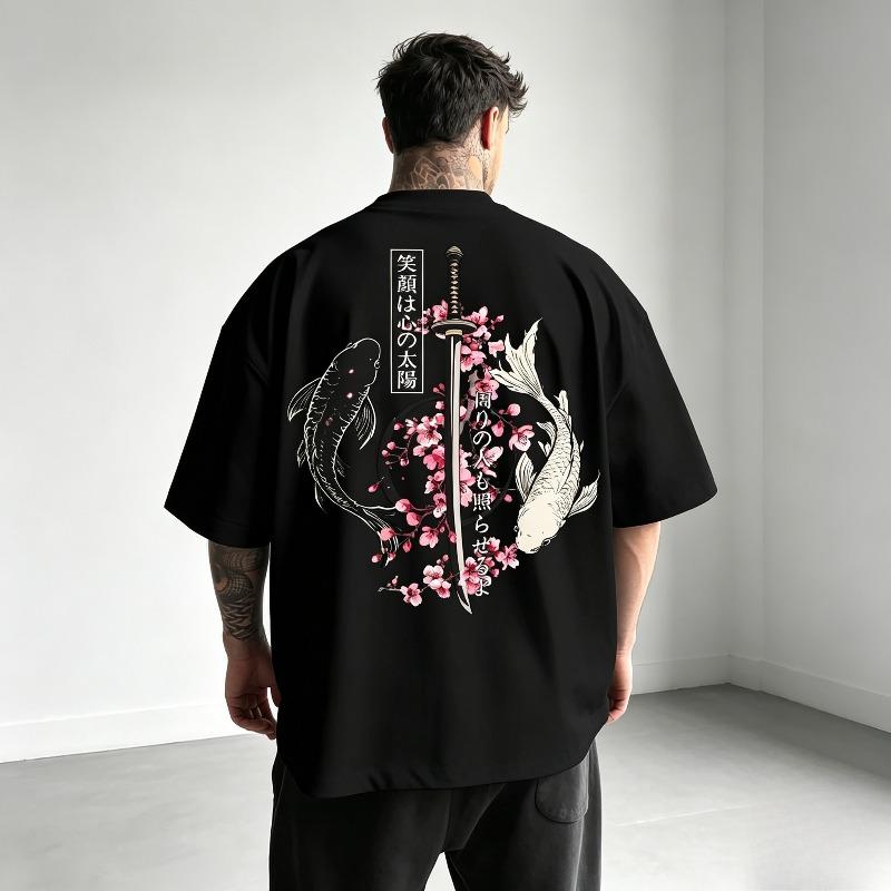 T-shirt Imprimé Dos Poisson Koi Japonais Épée de Samouraï Fleur de Cerisier Manches Courtes Streetwear Décontracté