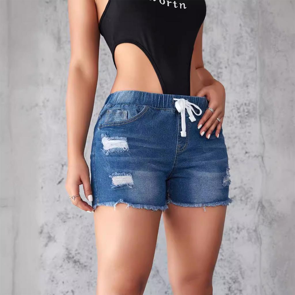 Ladies' Elastic Waistband,Tassel, Rough Edge, Non Elastic Denim Shorts