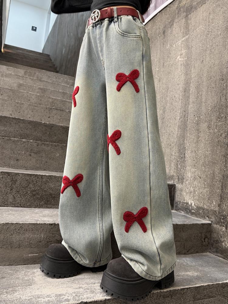 Girls' Chenille Bow Embroidered Fleece-lined Wide-leg Jeans - Stylish Autumn/Winter Slimming Pants